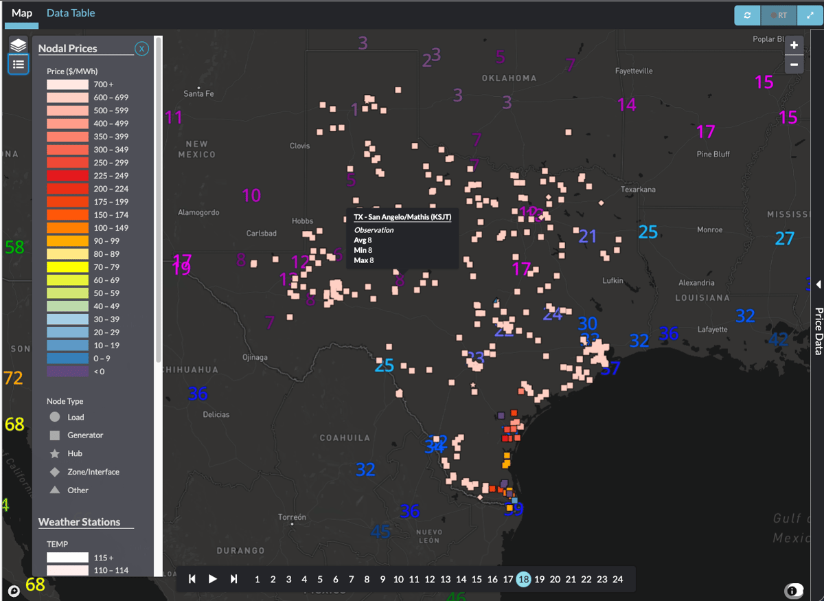 Yes Energy’s PowerSignals: Analytical Price Map Module; RT LMP Prices for HE18 February 14, 2021; National Weather Service temperature in Fahrenheit during Winter Storm Uri.