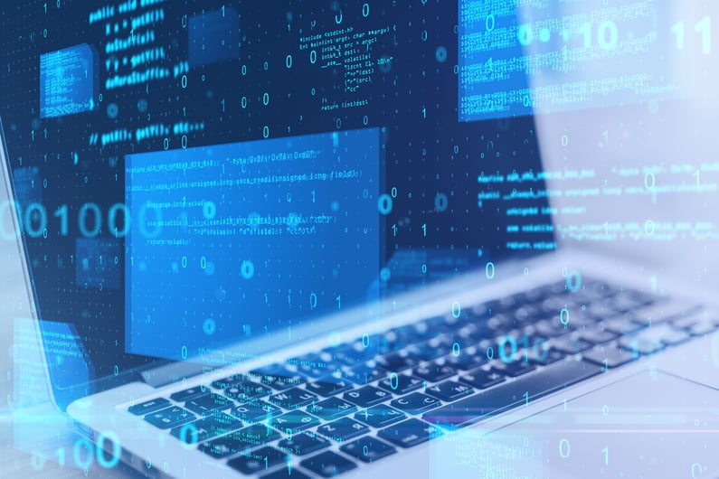 laptop with abstract blue coding_AI Myths blog