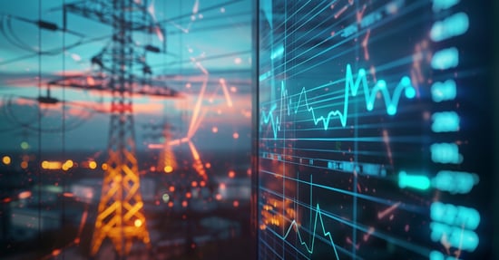 Data Analytics graphic with transmission lines in the back