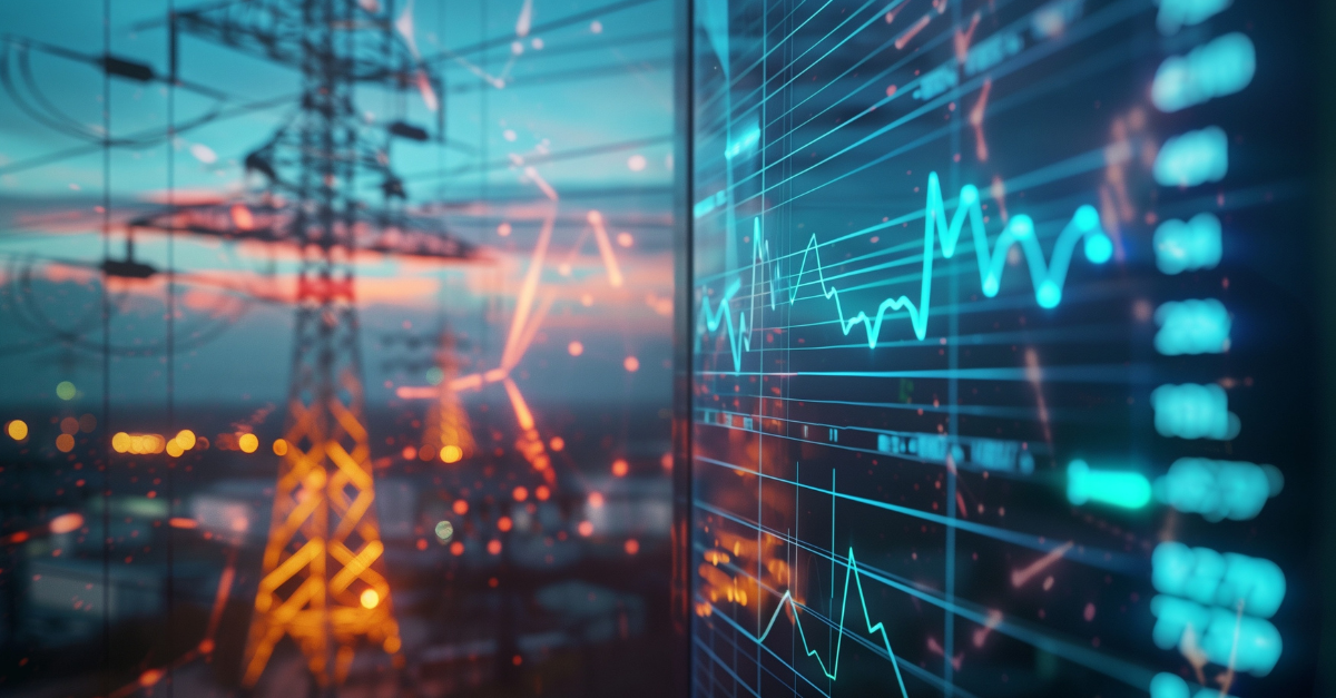 Data Analytics graphic with transmission lines in the back Data Analytics graphic with transmission lines in the back
