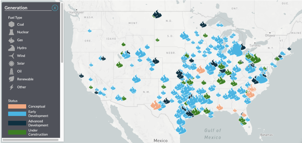 Infrastructure Insights showing planned natural gas plants with reported in-service dates 2025-2028