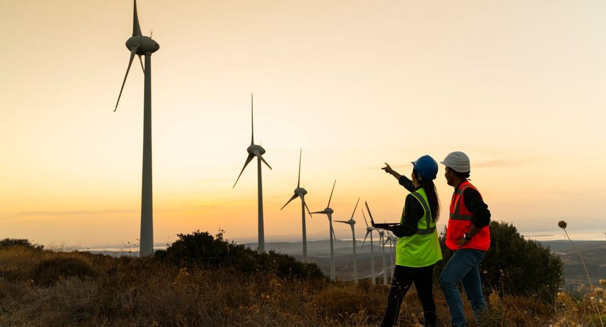 wind turbines with energy professionals in hard hats