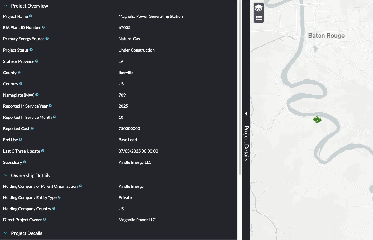 Yes Energy’s Infrastructure Insights showing the Magnolia Power Generating Station