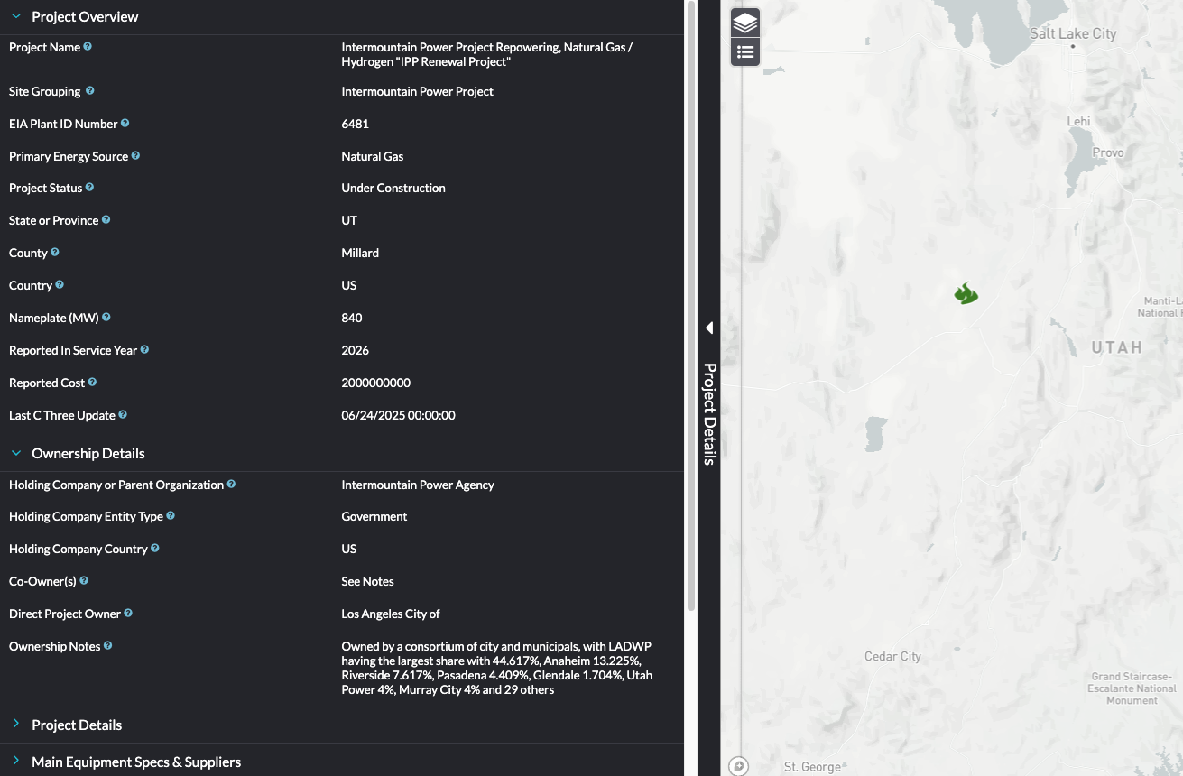 Yes Energy’s Infrastructure Insights showing the Intermountain Power Project Repowering
