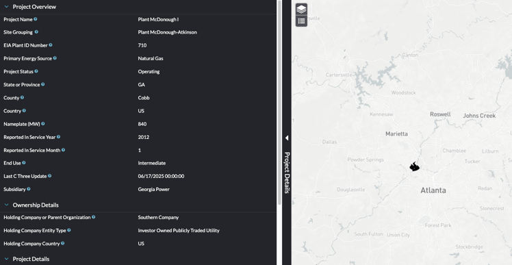 Yes Energy’s Infrastructure Insights showing Georgia Power’s McDonough-Atkinson Plant
