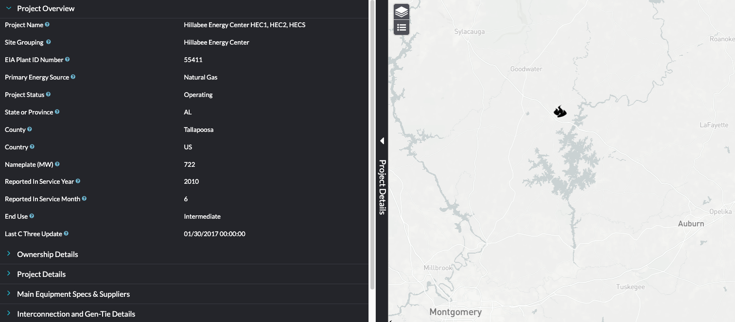 Yes Energy’s Infrastructure Insights showing Constellation’s Hillabee Generating Station