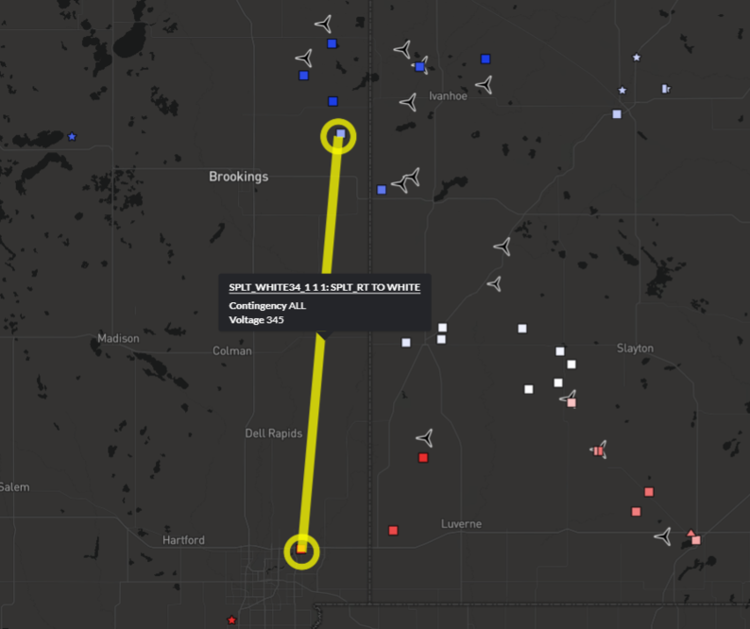 Figure 2. Split Rock to White 345 KV line with a contingency of Hawks Nest Lake to Lyon Co. (also a 345 KV line). Visualized in Yes Energy’s PowerSignals product