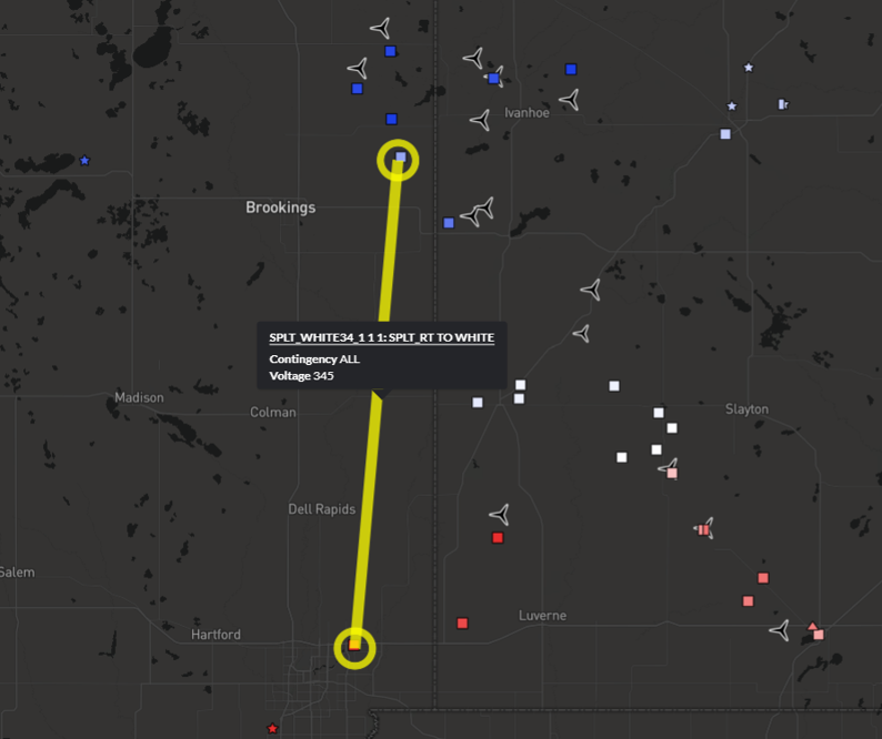 Figure 2. Split Rock to White 345 KV line with a contingency of Hawks Nest Lake to Lyon Co. (also a 345 KV line). Visualized in Yes Energy’s PowerSignals product. 